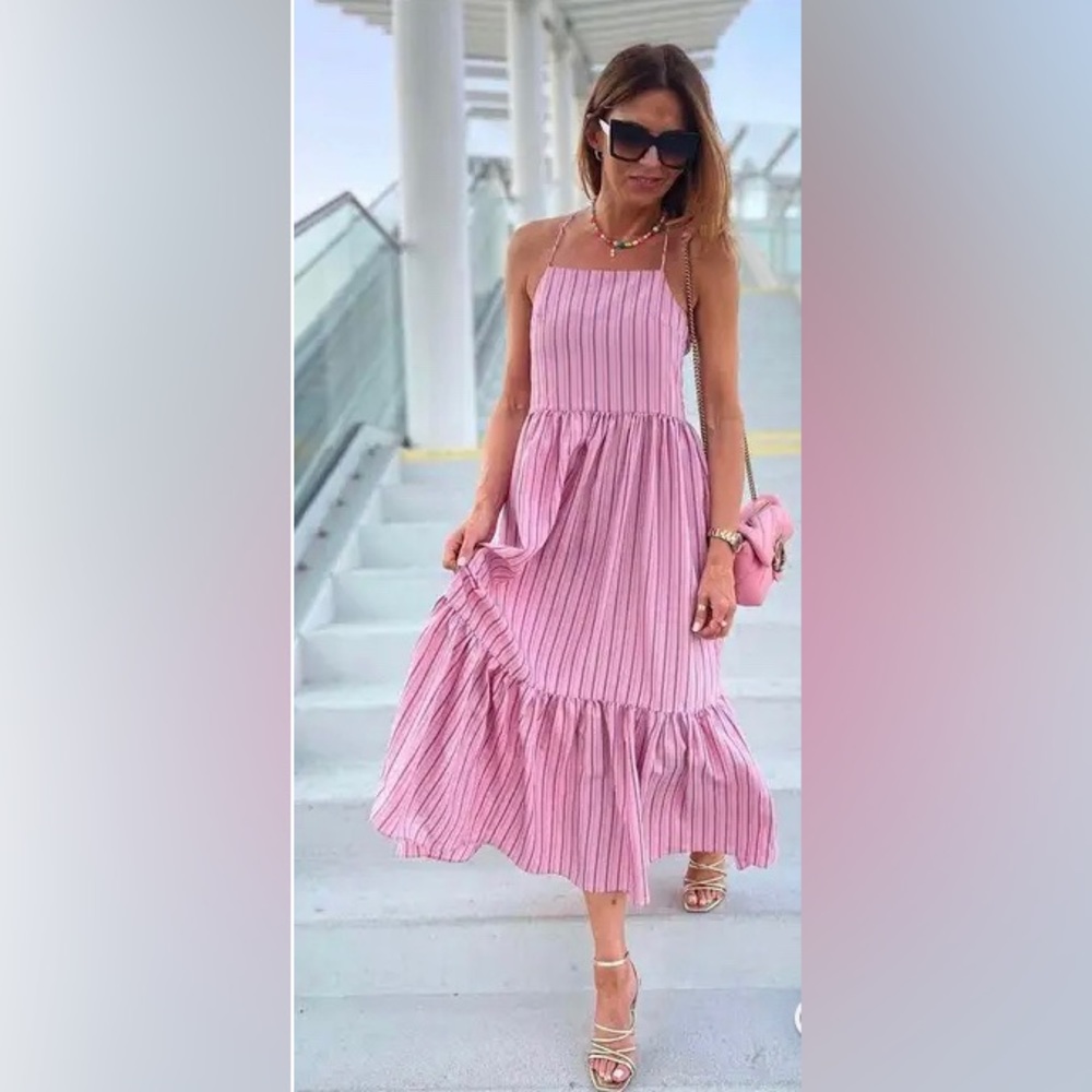 NWT ZARA Pink Striped Strappy Maxi Poplin Dress |Size Small